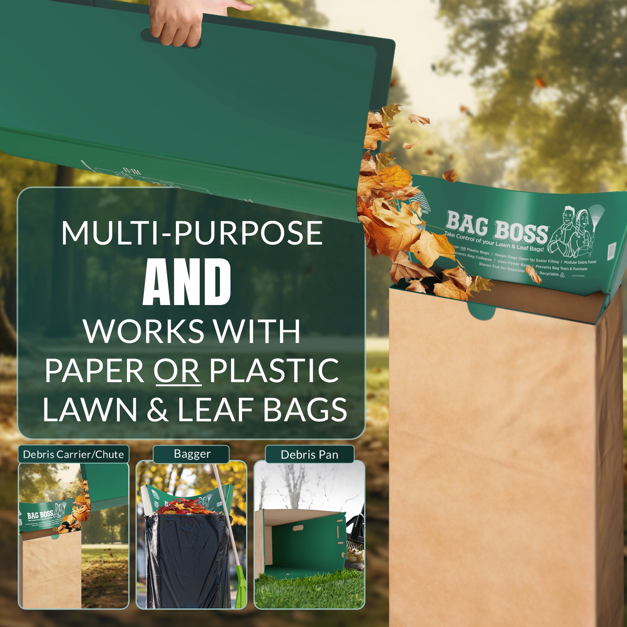 Image showing that he Bag Boss is multi-purpose and works with paper or plastic lawn and leaf bags