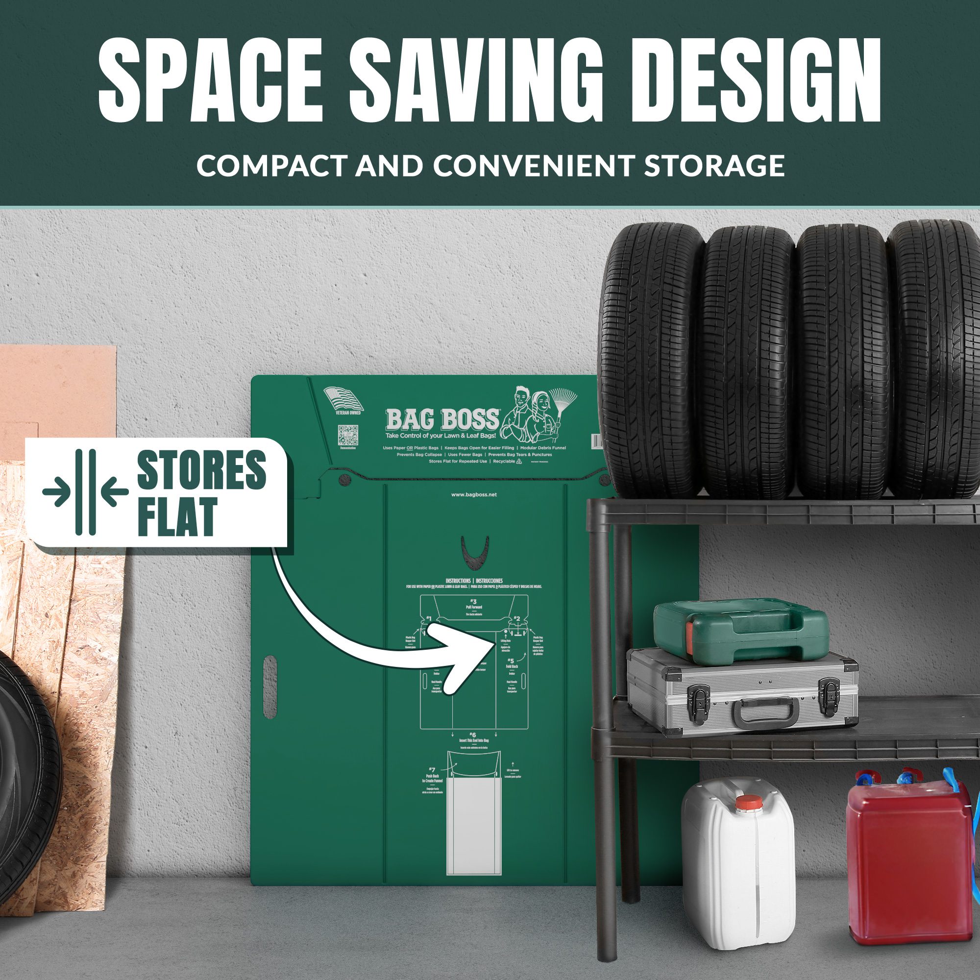 Showing that the bag boss has a space saving design by folding flat for easy storage.