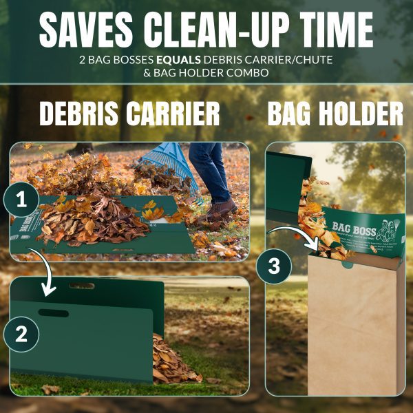 Showing how the bag boss saves clean-up time by using it as a debris carrier and also a bag holder.